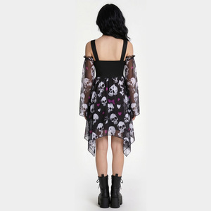 Robe mini gothique à épaules dénudées avec crâne, asymétrique en organza, taille naturelle, pour Halloween ou soirée en club - Product Image 3