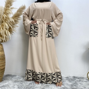 6402# Fashion Simplicity Nida <b>Fabric</b> With Small <b>Sequins</b> Tassel Front Pockets Casual Hidden Belt Crew Neck Muslim Dress - Product Image 4