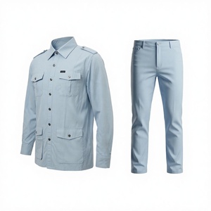 Ensemble décontracté respirant en mélange lin-coton, style travail-transport, chemise à manches longues avec plusieurs poches, design simple et pratique - Product Image 1