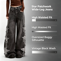 Jean taille haute imprimé étoiles pour femme, pantalon en denim ample patchwork, tenue décontractée pour festival et vacances