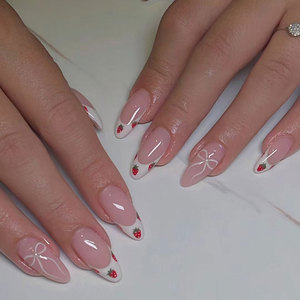 Offre Spéciale : 24 faux ongles courts style français en amande, avec nœuds dorés et rouges, pour femmes – Cadeau idéal - Product Image 6