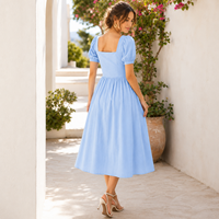 Minimalistische hemelsblauwe jurk met vierkante hals en pofmouwen, midi-lengte, dames zomerjurk van katoen, resort stijl, tijdloze A-lijn jurk, op maat gemaakte OEM