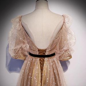 Women's Evening Gown Champagne Gold Chiffon Backless Empire Waist A-Line Long Dress For Hostess - Product Image 1