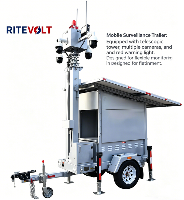 Ritevolt Solar CCTV Trailer Light Tower 6m Manual Electric Telescopic Mast 360 Degree PTZ Camera Mobile Monitoring System IP67