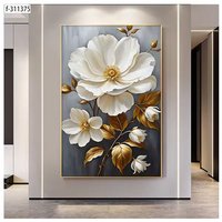Lukisan Dinding Sofa Modern Motif Daun Emas Bunga Putih Tekstur 3D Kristal Porselen untuk Ruang Tamu