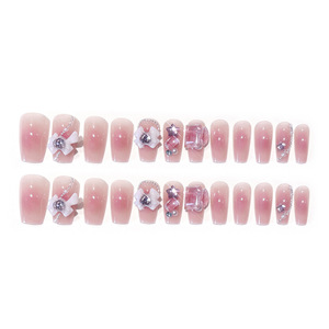 Uñas Postizas Curvas Medianas con Degradado Rosa, Lazo 3D, Estrella y Diamantes <span class=keywords><strong>de</strong></span> Imitación, Kit <span class=keywords><strong>de</strong></span> Uñas Postizas Reutilizables para Uso Diario y Fiestas - Product Image 5