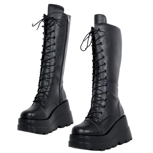 Botas de motociclista góticas de tacón de cuña con cordones, suela gruesa, punta redonda, hasta la rodilla, talla grande, para otoño, al por mayor - Product Image 1