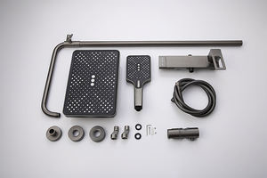 Ensemble de douche moderne carré à effet pluie, mitigeur thermostatique réglable en hauteur, laiton noir mat, pour lavabo de salle de bain, douche apparente - Product Image 2