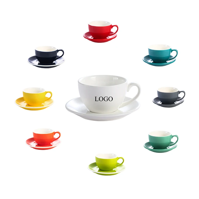 Amostra grátis logotipo personalizado liso branco cerâmica porcelana cappuccino café expresso xícara e pires