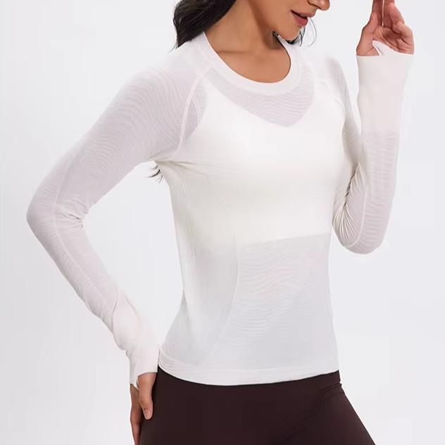 Women Slim-fit Sports Long Sleeve Windproof Jacquard Texture Fitness Top Yoga Wear Seamless Running Workout Yoga Top