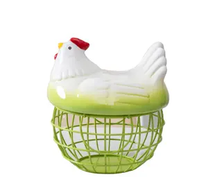 New Easter Ceramic Rooster Egg Storage Basket Lovely Chicken Egg Basket with Two Handles and Lid