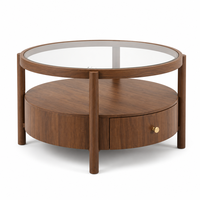 Table basse ronde Japandi avec surface en verre, tiroir de rangement en bois et 4 pieds