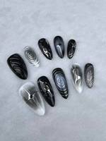 Faux ongles peints à la main en métal amande bleue de haute qualité à effet chromé de l'obscurité