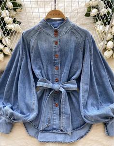 Nuova <span class=keywords><strong>camicia</strong></span> da <span class=keywords><strong>donna</strong></span> in Denim a maniche lunghe in vita autunnale con collo alto largo Casual Vintage - Product Image 1