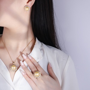 Fashion Eco-friendly Copper 16*12mm Golden Shell Pearl Korean Style Handmade Pendant Earrings Ring Set Pearl Jewellery Set - Product Image 6