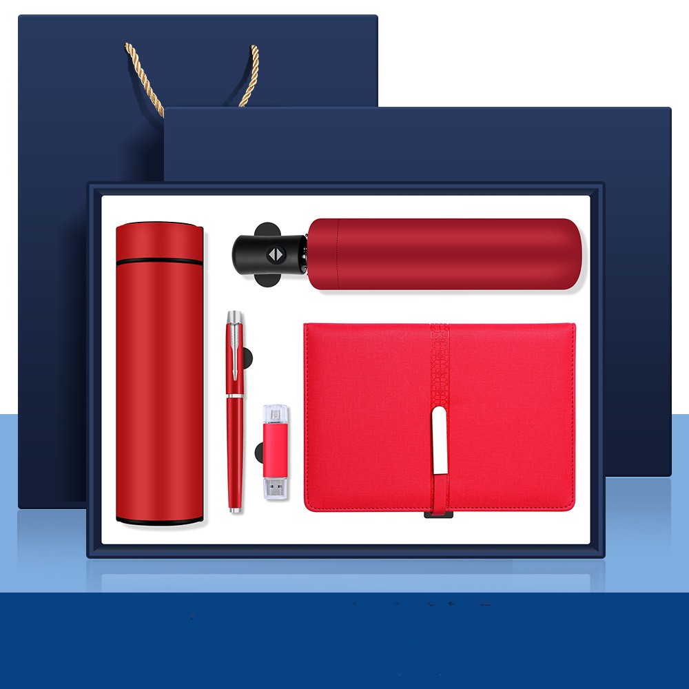 Ensemble de 5 pièces (thermos + carnet + stylo + parapluie + clé USB) rouge