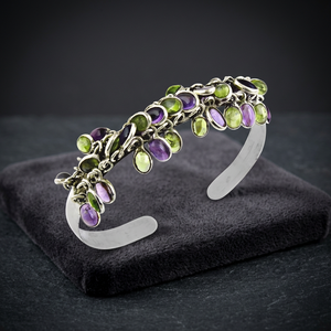 Art Palace Bohemian Cuff <b>Bracelet</b> with <b>Amethyst</b> Peridot Stones Antique Silver Plated Alloy Third Party Appraised for Unisex Wear - Product Image 3