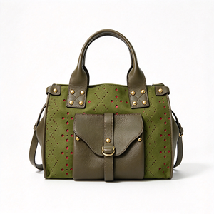 Sac à main élégant en cuir perforé avec poche avant à rabat et accents rivetés, sac décontracté à poignée supérieure - Product Image 4