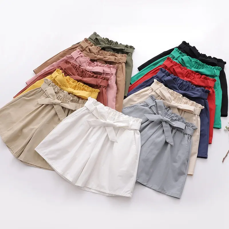 Women Bow Belt Shorts with Pockets Girl Korean Ladies White Shorts Causal Loose Short Pants