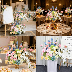 Arreglo Floral Artificial de Seda en Tonos Suaves, Rosas Rosadas y Azules, Hortensias, Orquídeas - Moderno, Hecho a Mano, de Larga Duración, para Bodas - Product Image 2