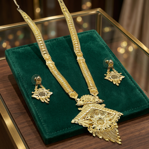 Wholesale Orthodox Brass 14K 18K 24K Gold Plated Floral Design Traditional Long Women's Wedding Necklace and Earrings Set - Product Image 2