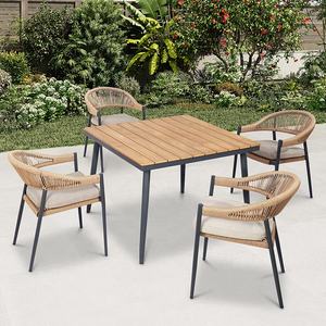 patio en aluminium ensemble <span class=keywords><strong>de</strong></span> salle à manger meubles d'<span class=keywords><strong>extérieur</strong></span> <span class=keywords><strong>jardin</strong></span> en plastique <span class=keywords><strong>table</strong></span> en bois et corde 4 places chaises - Product Image 1