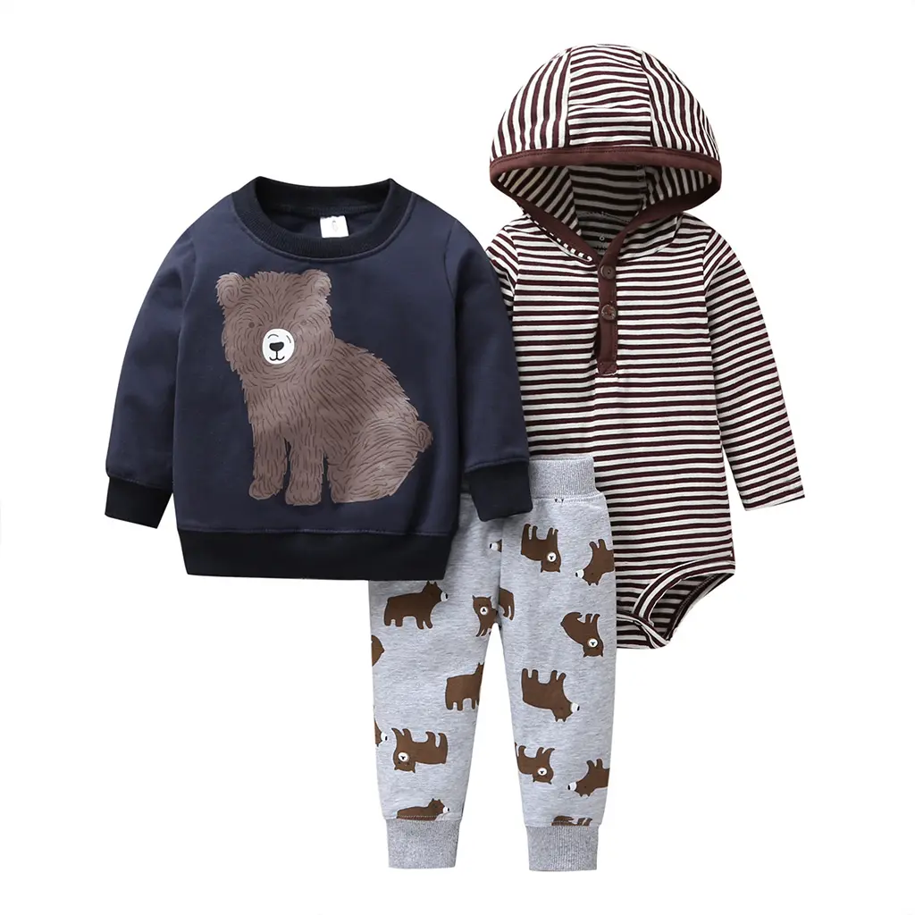 Clothing Set For Kid 3-24 Months Long Sleeve Cotton Romper Long Pant And Hoodie Coat 3Pcs Set Kids Wear For Newborn Baby Boy