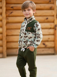 Ensemble 2 pièces pour garçon (6M-4T) : <span class=keywords><strong>Sweat</strong></span>-shirt camouflage à demi-zip avec broderie chien et pantalon de jogging uni – Collection automne pour enfants (vente en gros) - Product Image 6