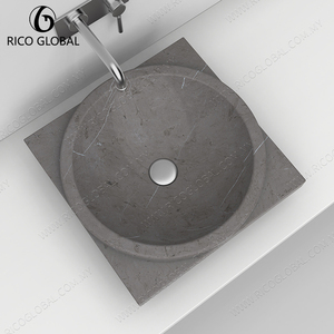Marble Vessel Sink Round Basin Polished Grey Stone Top Mount Bathroom Sink Minimalist Design - Product Image 4