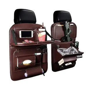 4 In 1 PU Leather Car Back Seat Organizer and Protector with Foldable Table Tray,Trash Storage Can