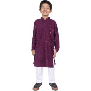 ชุดคุร์ตา/คุรตีเด็กชาย ตราทริโลกิ สีม่วง ผ้าเรยอน สไตล์อินเดีย/ปากีสถาน สำหรับงานเทศกาลดีวาลี พร้อมระบบตรวจจับเข็ม - Product Image 1