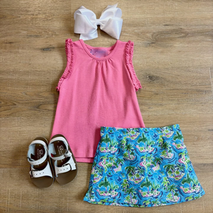 Tenues d'été personnalisées pour petites filles : Ensemble chemise à volants, jupe-short et shorty, couleur unie, style boutique, pour jumelles - Product Image 1