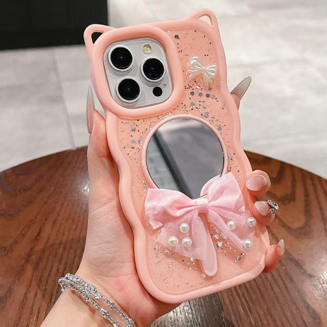 TPU Cute cat Ear Wave Edge Anti-fall Cartoon Accessories Protective  with Mirror Phone case for Iphone 17  AIR Samsung S25 FE