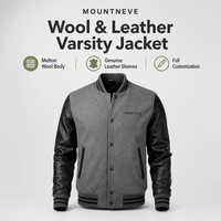 Veste universitaire en laine personnalisée pour homme, gris et noir, manches en cuir, boutons pression, bordure côtelée, style moderne urbain, veste bomber de baseball