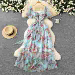 Vestido Midi Casual de Mujer con Estampado Digital Tejido Estilo Hada Primaveral, Ecológico, Corte A, Ajustado, con Volantes, Cintura Imperio y Manga Corta de Malla - Product Image 2