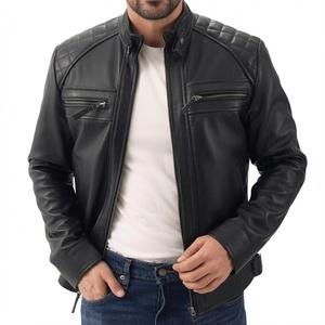 Blouson Moto Homme Noir en Cuir Véritable Respirant Col Montant Fermeture Boutons Cachés Coupe Slim Style Motard Automne - Product Image 5