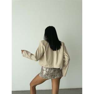 Chaqueta Corta de Piel de Oveja Beige para Mujer, con un Solo Botón, Técnica de Bordado Americana, Blazer Sólido Talla XL para Otoño y Primavera - Product Image 3