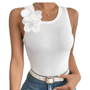 Camiseta sin Mangas Blanca al por Mayor para Mujer con Bordado Floral, Uso Diario Informal, Tela de Algodón, Transpirable para Primavera/Verano - Product Image 3