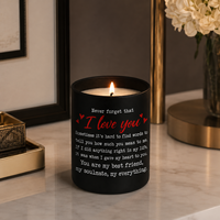 Bougie parfumée en verre noir mat avec couvercle en bois, texte et logo personnalisables pour les cadeaux de mariage, d'anniversaire et de Saint-Valentin