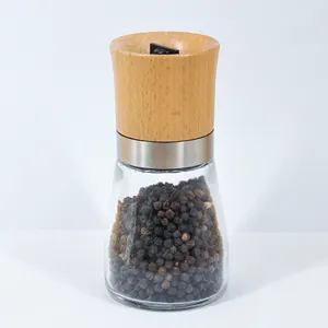 Molinillo de hierbas de vidrio de cerámica ajustable Premium de 150ml, molinillo Manual de sal y pimienta con tapa de madera para cocinar
