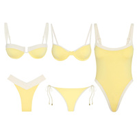 Badpakkenfabrikant op maat gemaakte bikini's van gerecycled materiaal, kleurblok, met beugels, lage rug, hoge beenuitsnijding, cheeky model voor dames.