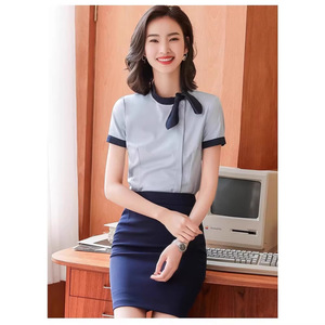 Women's Professional Short Sleeve Shirt Solid Color Ribbon Collar Workwear For Hotel Receptionist Beauty Salon Uniform Set - Product Image 4