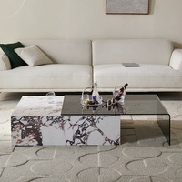 Table basse moderne en verre courbé en forme de 7, ensemble table basse et meuble TV, table basse rectangulaire avec rangement pour salon