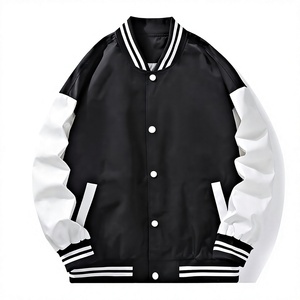 Chaqueta Varsity Negra y Blanca para Hombre, Corte Regular, Cierre de Botones, Estilo Casual para Otoño, Color Sólido, Cuello Camisero - Product Image 1