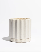Pot de fleurs en céramique crème moucheté avec soucoupe de drainage, pot cylindrique côtelé pour plantes d'intérieur