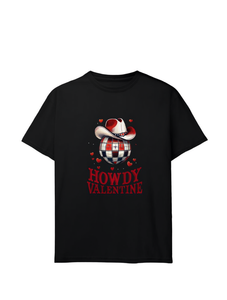 T-Shirt Howdy Valentine con Stampa Grafica Western, Cappello da Cowboy a Quadri e Palla da Discoteca, Unisex, Manica Corta, Collo Tondo, 100% Cotone, Primavera - Product Image 1
