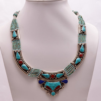 Collier vintage en argent tibétain pour femme avec pierres précieuses corail, turquoise et lapis-lazuli - Chaîne antique pour mariage, fiançailles, anniversaire, fête