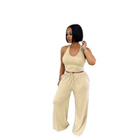 TW839-2 Ensemble décontracté d'été pour femme, style européen et américain, couleur unie, col licou, taille haute, coupe ample avec poches