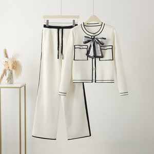 Cárdigan corto con cuello redondo y pecho abierto, <span class=keywords><strong>pantalones</strong></span> holgados de cintura alta, conjunto doble, novedad de Primavera al por mayor - Product Image 5