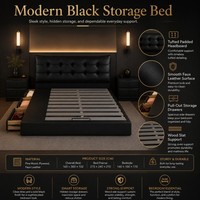 Base de Cama de Cuero Sintético Negro Tamaño Queen con Soporte de Láminas para Muebles de Dormitorio